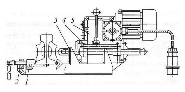 Креслення рельсосверлилки РСМ1М: 1 — затискний пристрій; 2 — рама; 3 — шайба-упор; 4 — болт кулачкового затиску; 5 — мотор-редуктор.